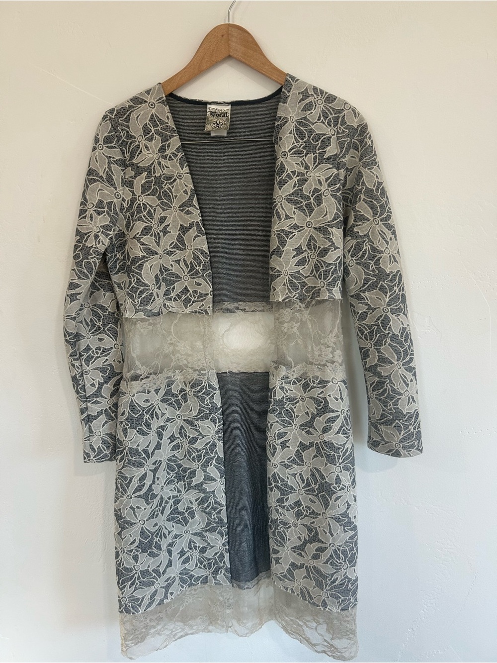 Vocal Gray and Cream Lace-Overlay Women's Cardigan